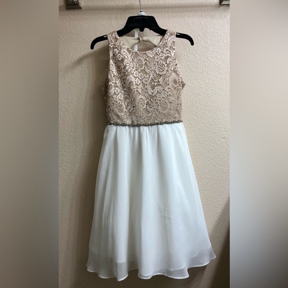 Rare Editions Beige Lace Bodice with White Chiffon Skirt Girls Dress